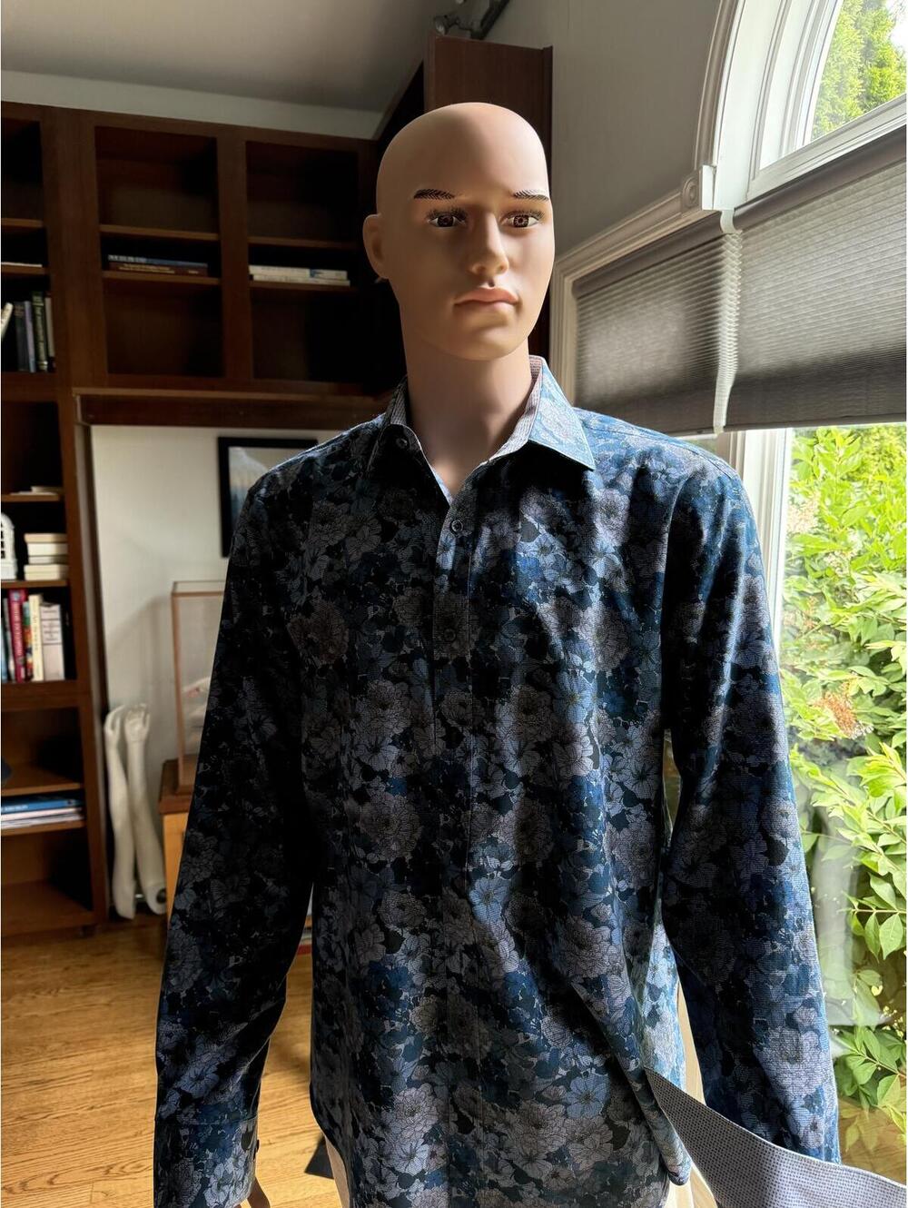 Bugatchi Uomo Blue Floral Print Long Sleeve Button Shirt Mens Medium